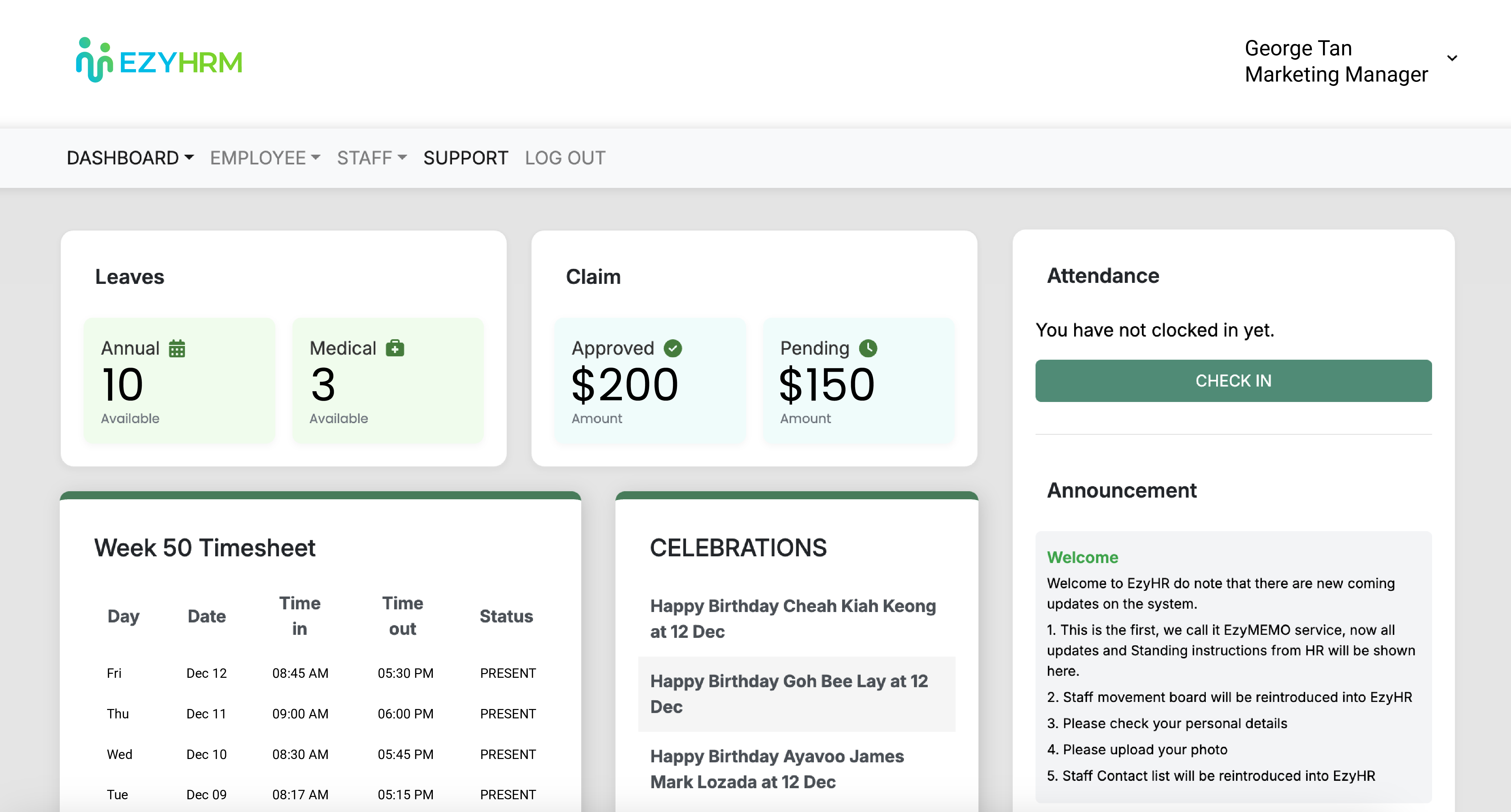 Cuplikan dashboard EzyHRM