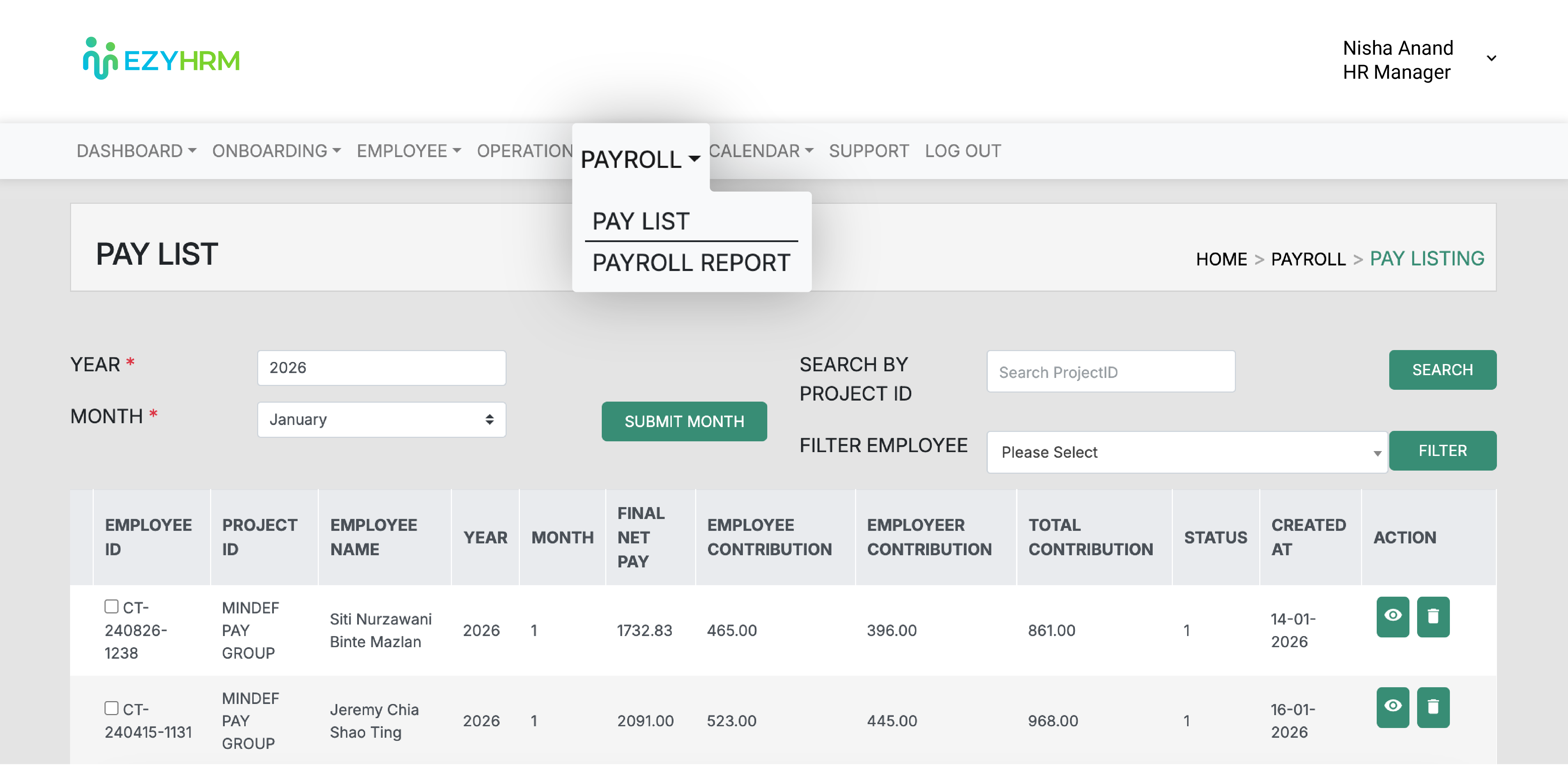 EzyHRM Paylist Dashboard